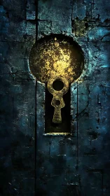 Rustic golden keyhole glowing in dark textured wall.