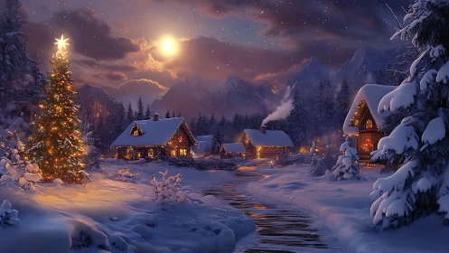 Moonlit cabin village wrapped in storybook Christmas hush.