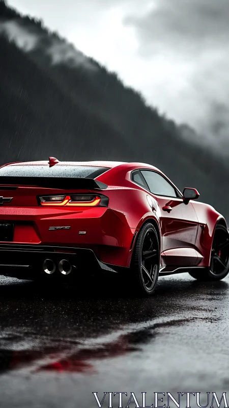 Crimson muscle coupe on rain soaked mountain highway.