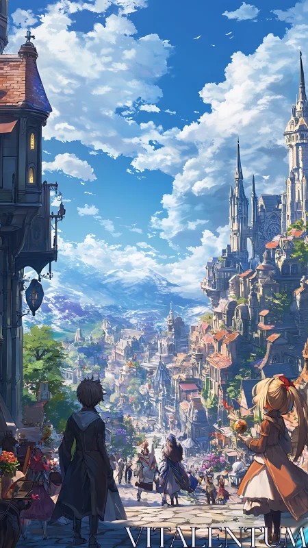 Sunlit fantasy city street with adventurers and spires.