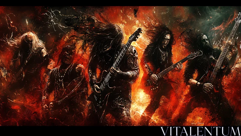 Metal band performance in fiery digital artwork scene.