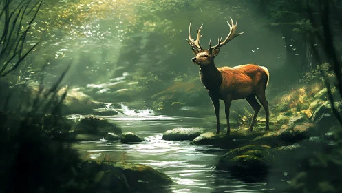 Majestic stag in sunlit forest by stream, digital painting style.