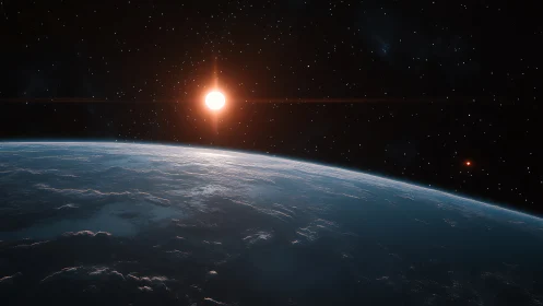 Star over planetary horizon in deep space environment.