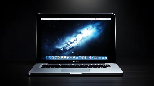 Sleek laptop displaying cosmic desktop under studio lighting.