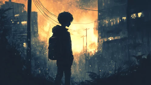 Lonely student gazes at glowing city streets in quiet wonder