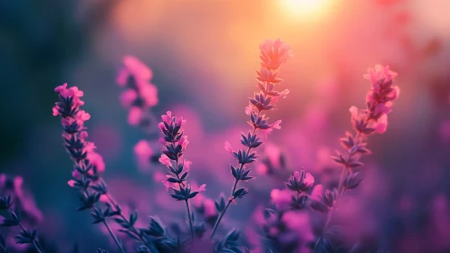 Lavender blooms backlit golden hour sunrise glow
