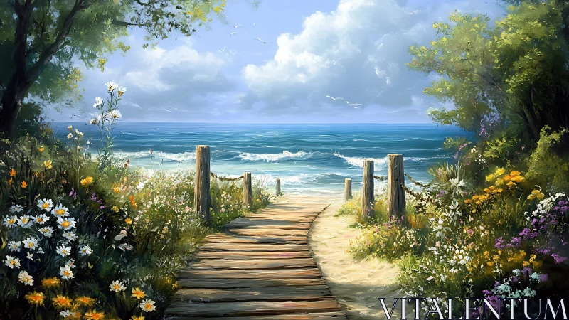 Sunlit boardwalk leads through wildflowers to a calm sea