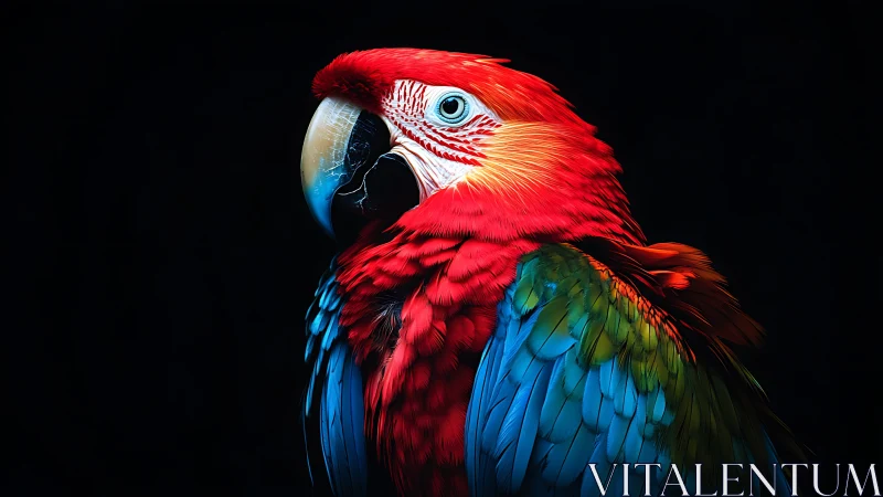 Vivid Scarlet Macaw Portrait on Black Background, Photorealistic Style.