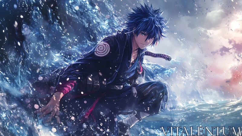 Storm-lit anime swordsman crouches in crashing ocean waves