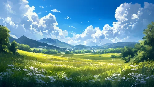 Sunlit alpine meadow panorama with cumulus cloud build-up