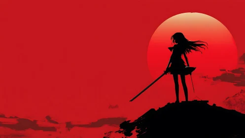 Silhouetted swordswoman stands against red sun horizon.