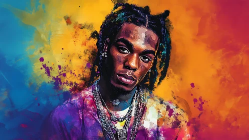 Chromatic portrait of braided musician in explosive pigment field.