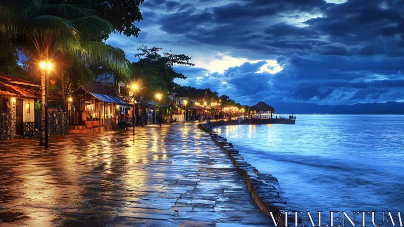 Cozy seaside promenade glowing after the evening rain.