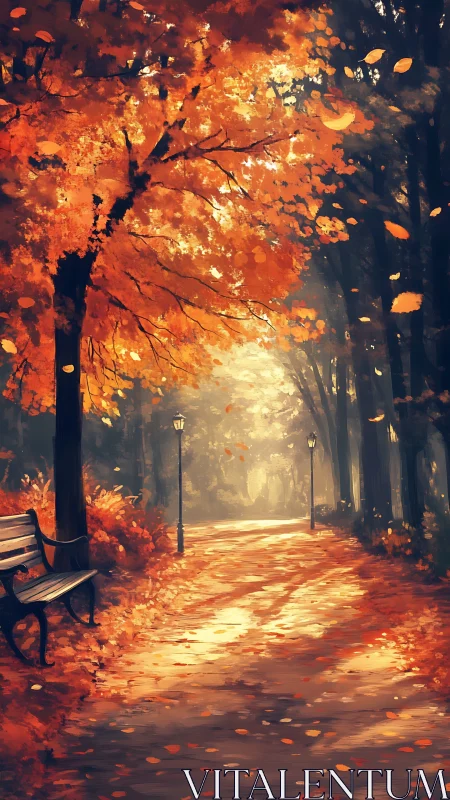 Golden autumn alley with bench under glowing foliage.