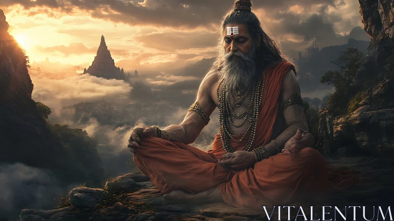 Himalayan sage in meditative asana amid volumetric dawn clouds.