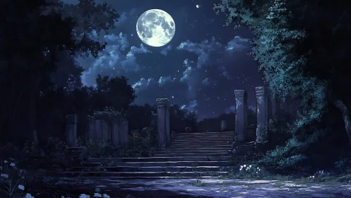 Moonlit forest ruins with ancient stone stairway at night.