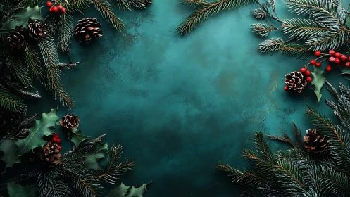 Photorealistic evergreen holiday border on teal backdrop.
