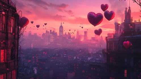 Cyberpunk Metropolis Sunrise with Suspended Heart Balloons Over Skyline.