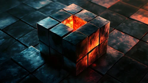 Glowing molten cube core set in dark metallic floor tiles.