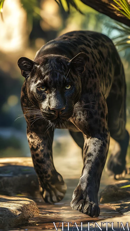 Striking Black Panther Walking Through Dappled Jungle Light