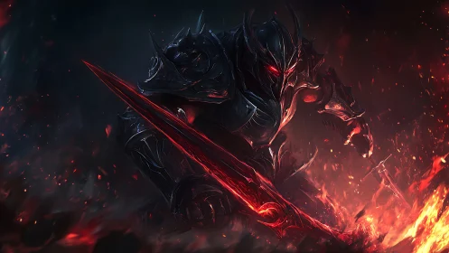 Armored infernal warrior lunges forward with a blazing crimson blade