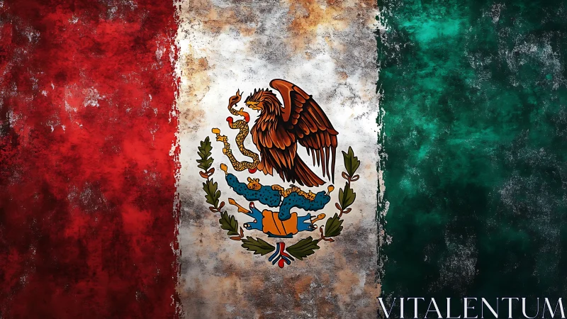Mexican flag with worn texture and detailed central emblem