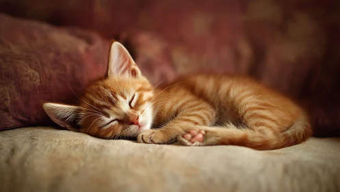 Ginger tabby kitten sleeping on cushioned furniture