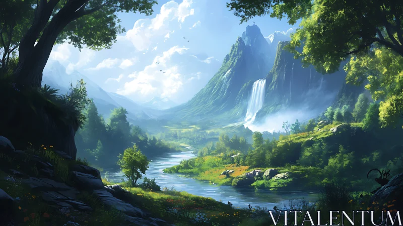 Lush mountain valley with river, waterfall, and distant peaks.