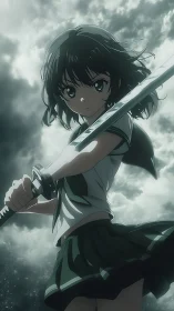 Anime schoolgirl holding sword under overcast sky.