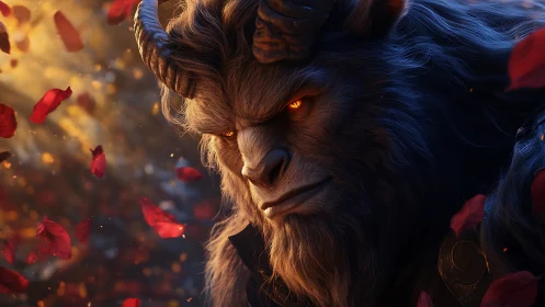 Horned beast portrait with glowing eyes framed by petals