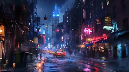 Neon lit rainy city street with distant modern skyline at night.