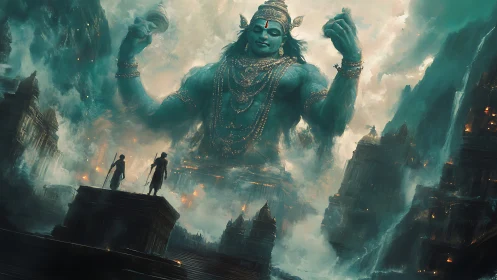 Epic divine colossus over mist-shrouded mythic citadel environment.