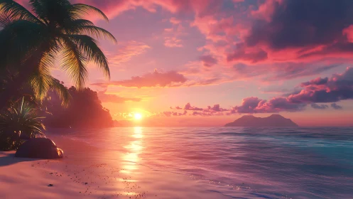 Sunset illuminates tropical beach with palm trees and islands
