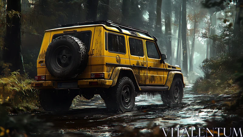 Yellow off-road SUV crossing wet forest trail in rain.