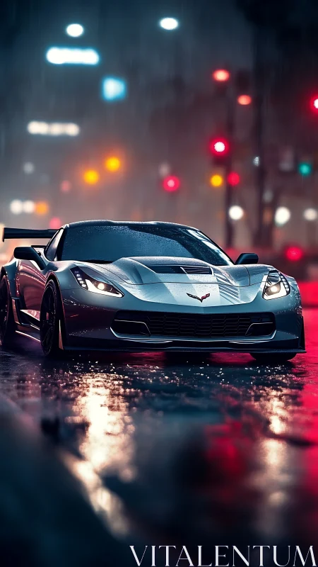 Grey sports coupe on wet urban street at night in rain.