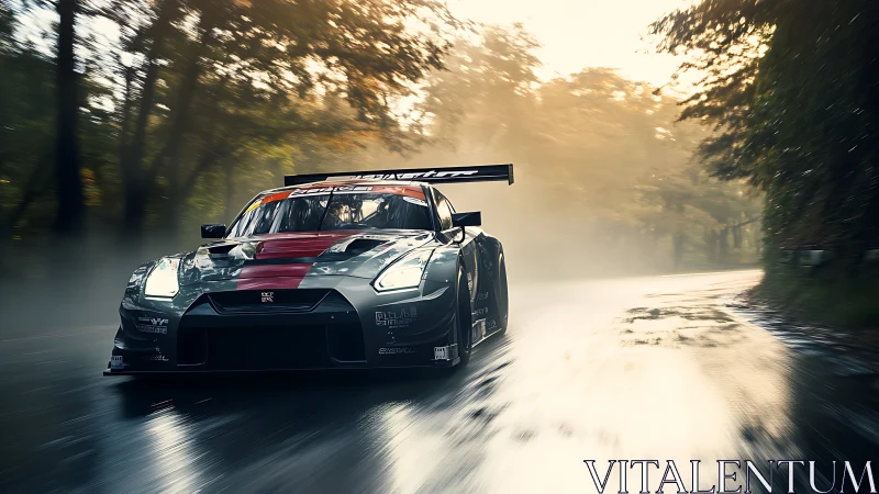 Race car on wet forest road under diffuse morning light.