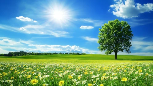 Solitary tree in open meadow under midday sunlit sky.