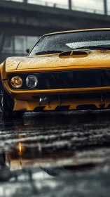 Rain-slick muscle car growls beneath an urban overpass.
