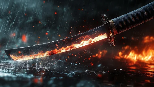 Flaming katana blade under storm rain with flying embers.