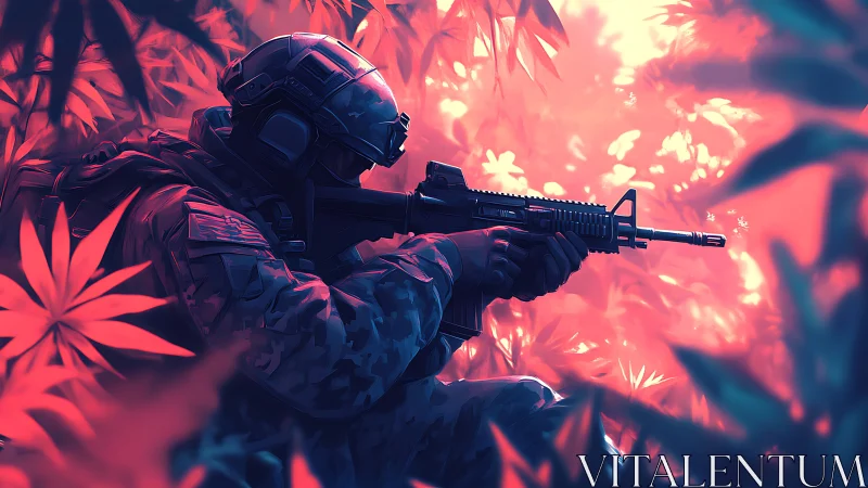 Soldier aims rifle through neon jungle foliage under glow