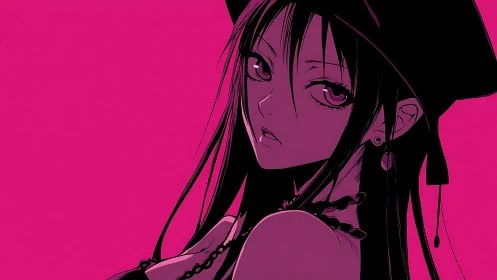 Monochrome magenta anime portrait with goth accessories.
