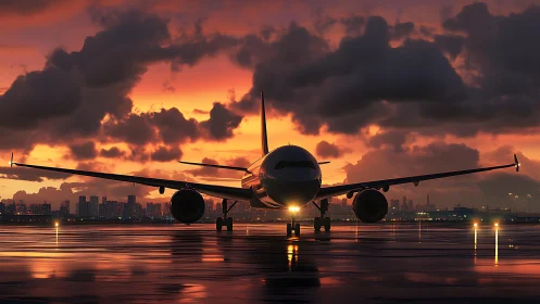 Passenger jet on wet runway at city airport sunset.