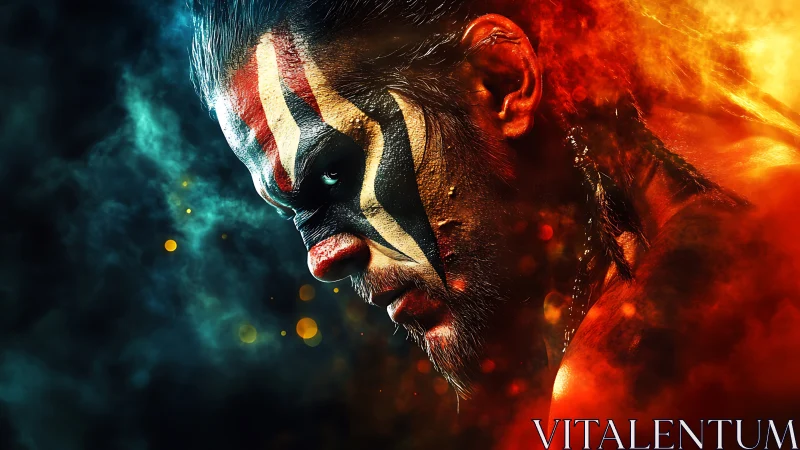 Profile portrait shows painted male face amid fire and smoke