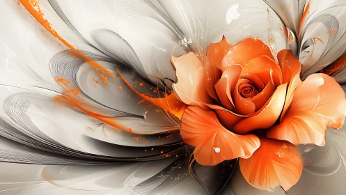 Blazing Tangerine Rose Amid Swirling Silver Whispers.