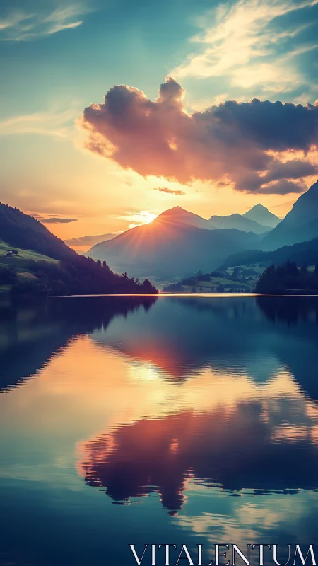 Sunset piercing alpine peaks in mirrored lake glowscape.