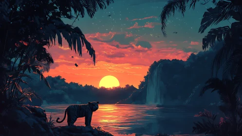Jungle landscape with feline silhouette at sunset and waterfall