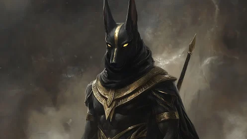 Mythic jackal-headed guardian in gilded battle regalia.