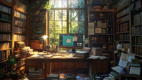 Study with computer, bookshelves and garden window view.