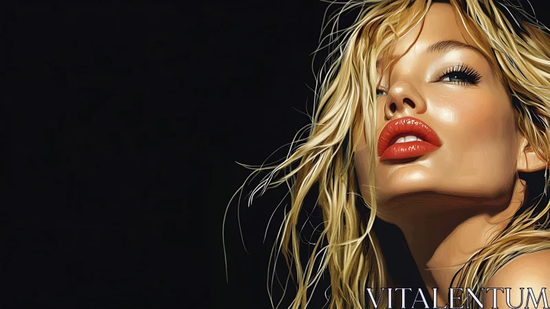 Glamorous blonde portrait with glossy red lips in shadow.