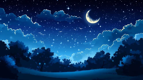 Crescent moon hangs over stylized forest under starry sky